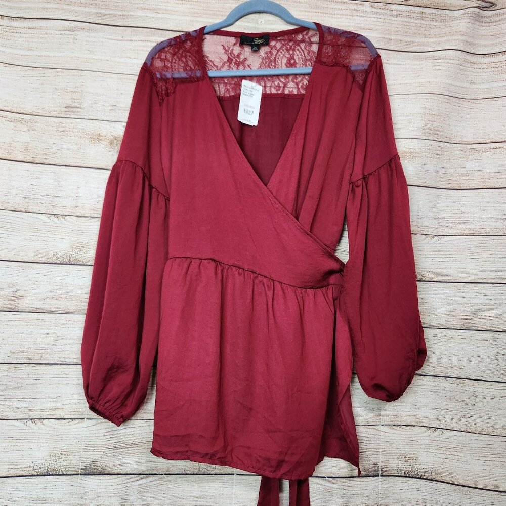 NWT Suzanne Betro Top Womens Large Burgundy Balloon Sleeve Lace Yoke Wrap Blouse